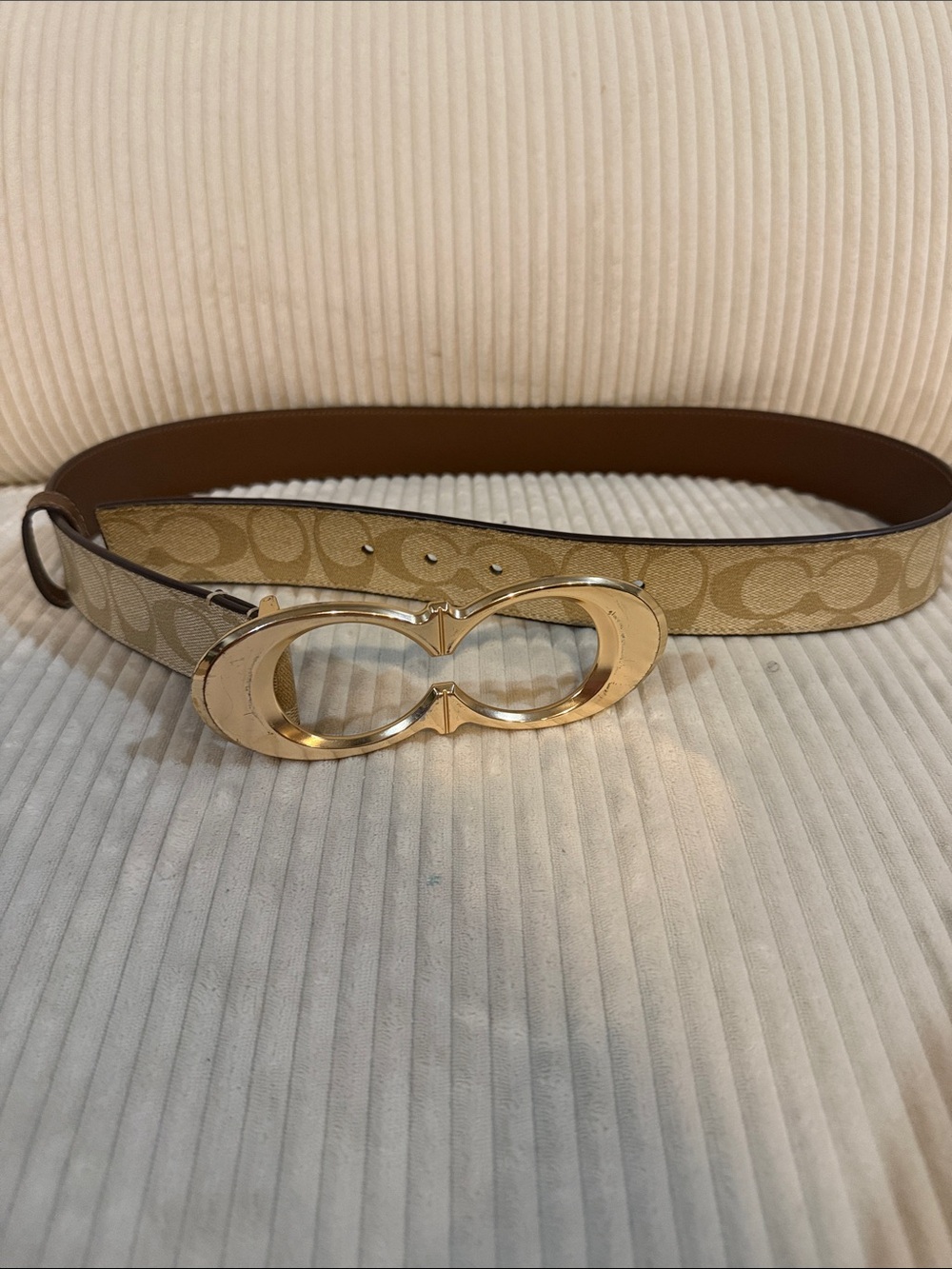Coach Signature Canvas Belt in Beige and Brown with Gold Oval Double-Ring Buckle